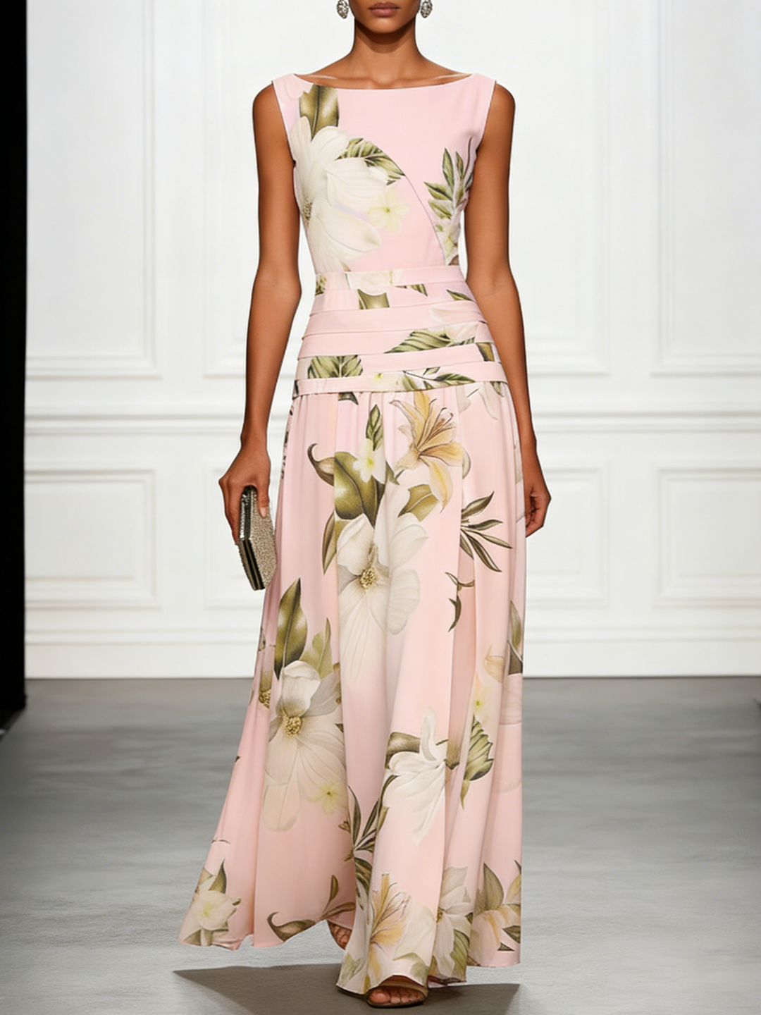 Women's elegant floral boat neck A-line maxi dress. Perfect formal dress for guests & summer evening parties.