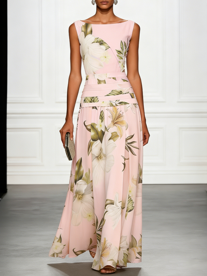 Women's elegant floral boat neck A-line maxi dress. Perfect formal dress for guests & summer evening parties.