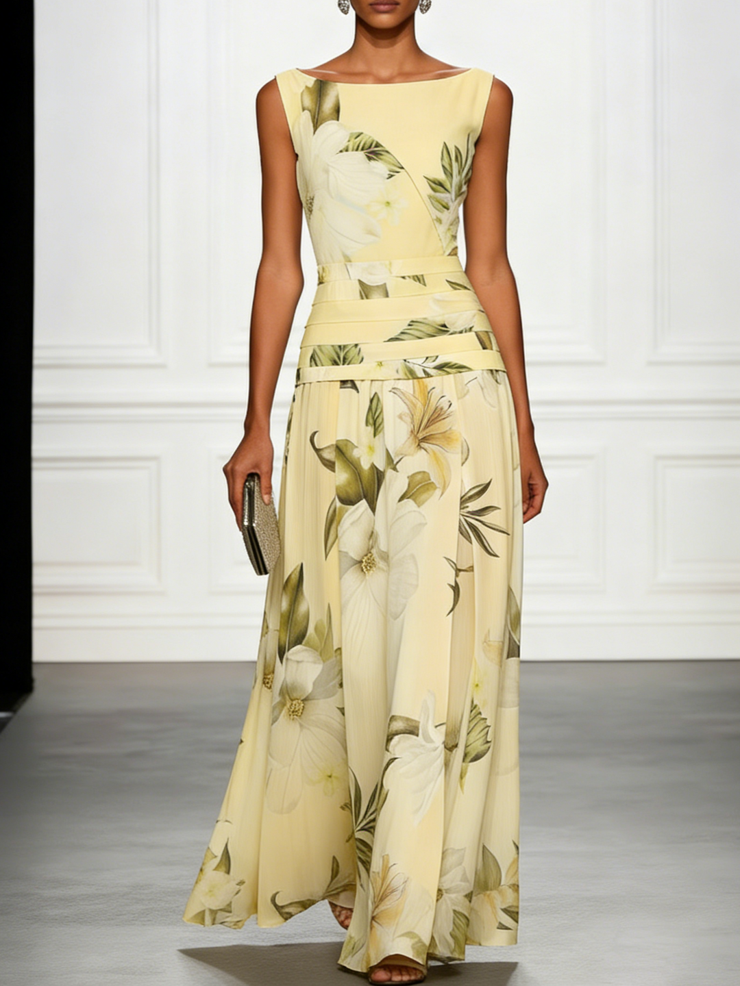 Graceful floral maxi dress, women's boat neck A-line style, elegant for wedding guests, parties, and summer events.