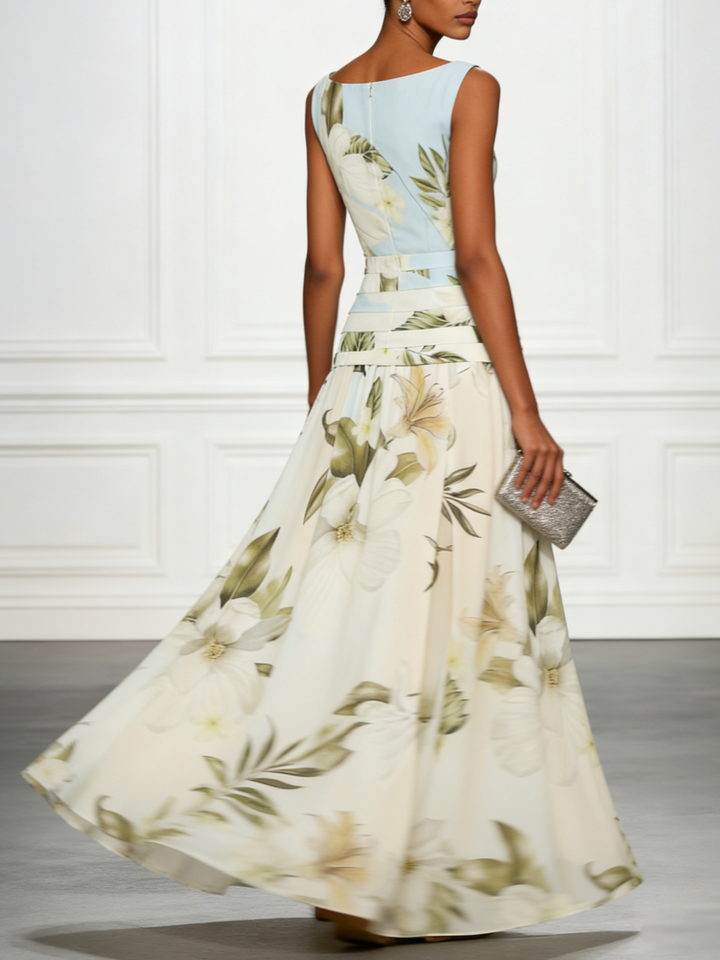 Elegant boat neck A-line floral maxi dress for women, perfect as a wedding guest or formal summer party attire.