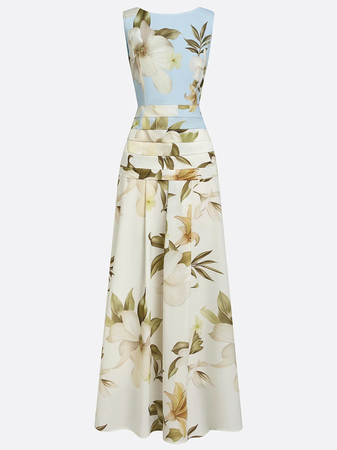 Flowy A-line floral maxi dress for women, elegant boat neck design, perfect for formal events & parties.
