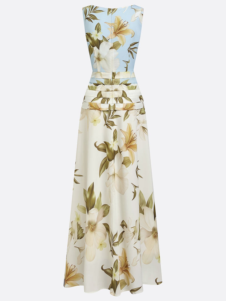 Women's formal boat neck maxi dress, beautiful floral print, A-line cut, perfect for elegant summer occasions.