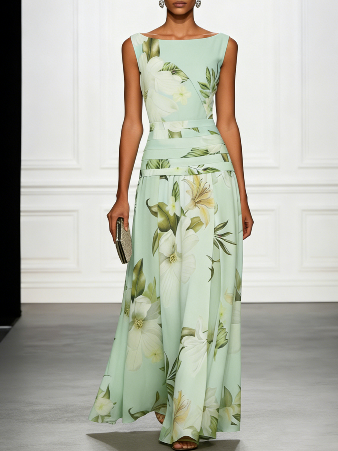 Women's fashion: elegant floral maxi dress, boat neck, A-line cut, perfect for summer formals and special guests.