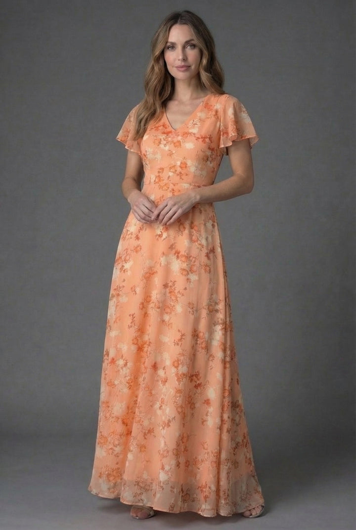 Women's elegant floral maxi dress with flutter sleeves & V-neck, perfect for spring/summer events.