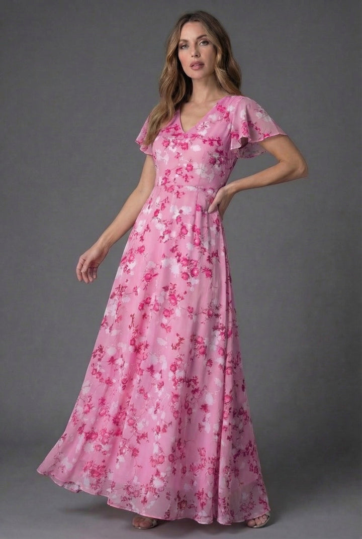 Stylish women's floral maxi dress with V-neck & flutter sleeves, a versatile elegant spring/summer evening dress.