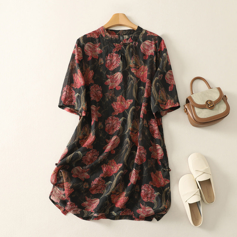 Women's elegant floral mid-length relaxed dress, perfect for summer casual wear or vacation. Flowy & comfortable.