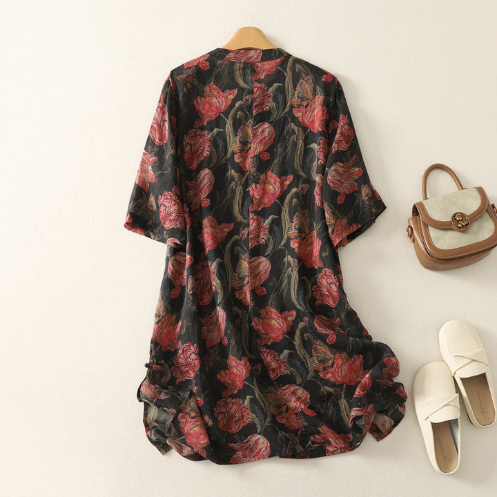 Relaxed fit women's floral mid-length day dress. Ideal for spring fashion, casual comfort, or a summer flowy look.