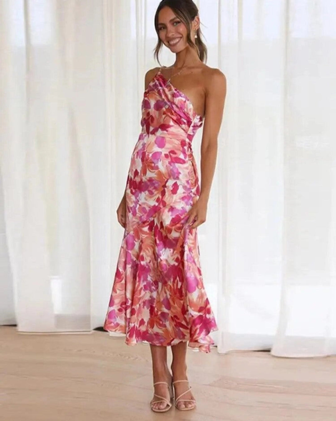Beautiful women's floral midi dress, one-shoulder design, perfect for special occasions & events.