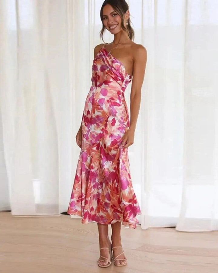Beautiful women's floral midi dress, one-shoulder design, perfect for special occasions & events.