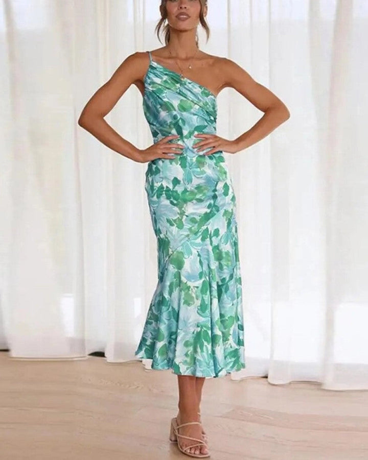 Graceful floral one-shoulder midi dress, an elegant choice for wedding guests and summer parties.