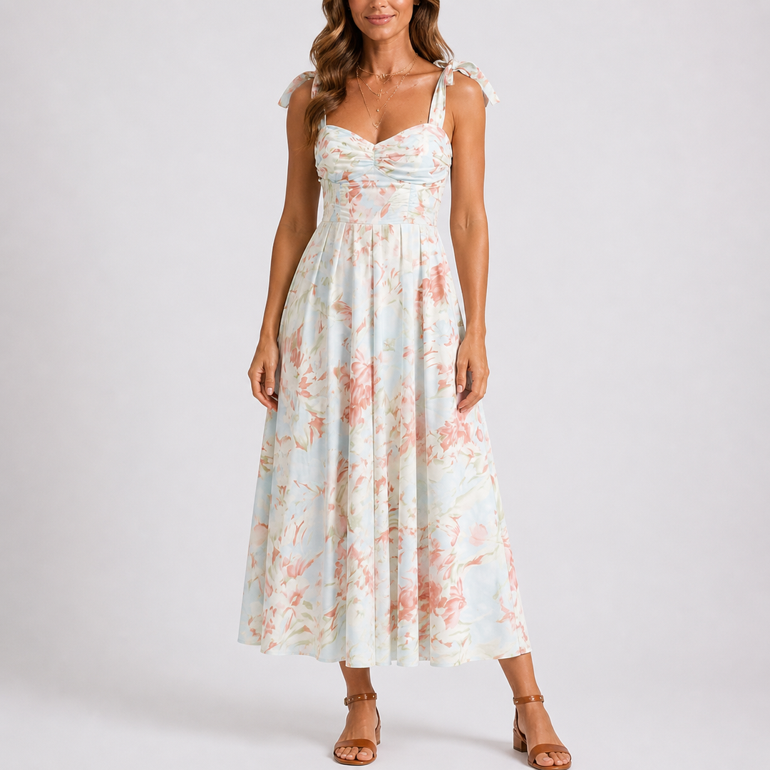 Women's elegant floral print ruched midi dress with adjustable spaghetti straps, perfect for summer casual or occasion wear.