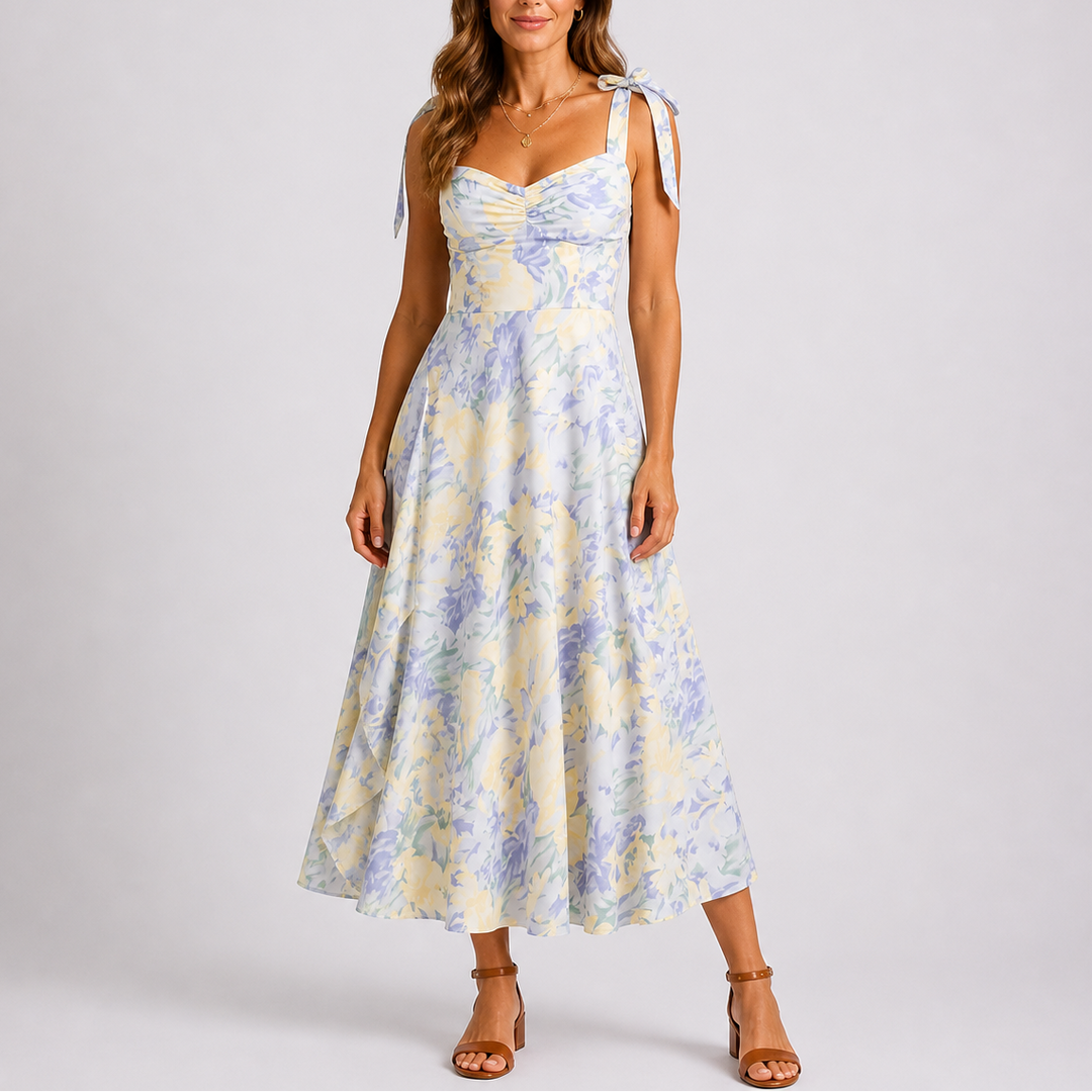 A-line floral midi dress for women featuring ruched detailing and delicate adjustable straps, ideal for warm weather fashion.