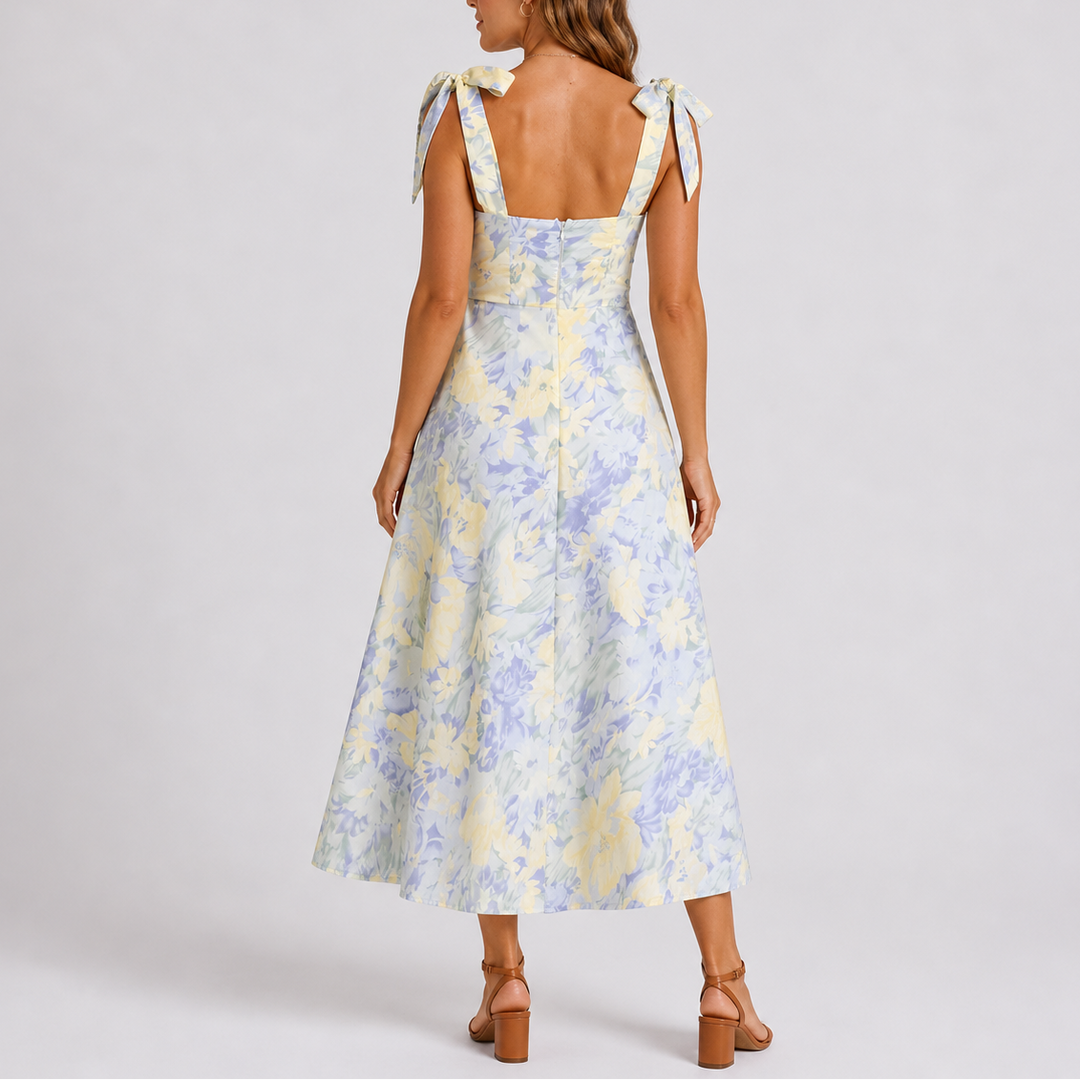 Versatile women's floral midi dress with ruched bodice and adjustable straps, suitable for casual outings or special occasions.