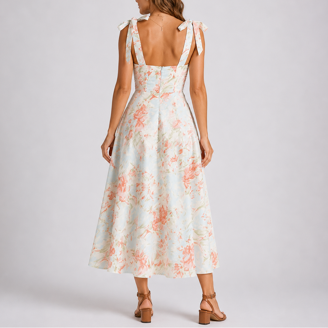 Vibrant floral print midi dress for women, featuring a comfortable ruched design and customizable adjustable straps.