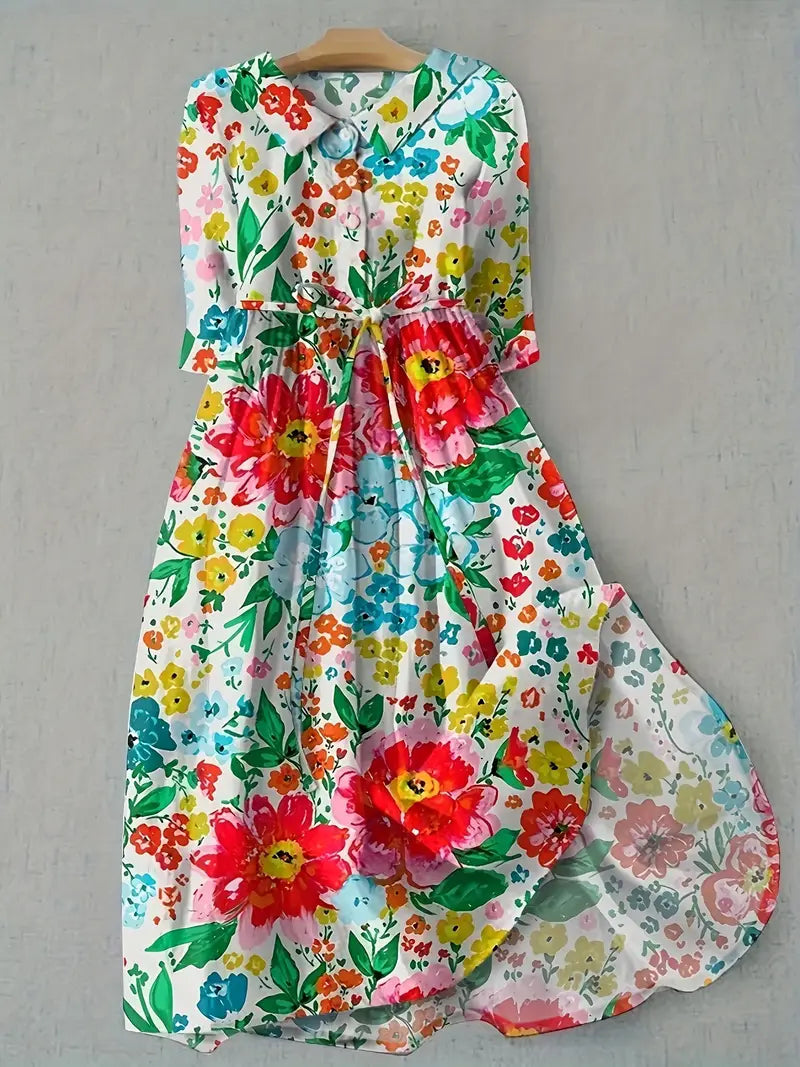 Women's elegant floral rose print short sleeve flowy dress, perfect for summer, spring, casual or everyday wear.