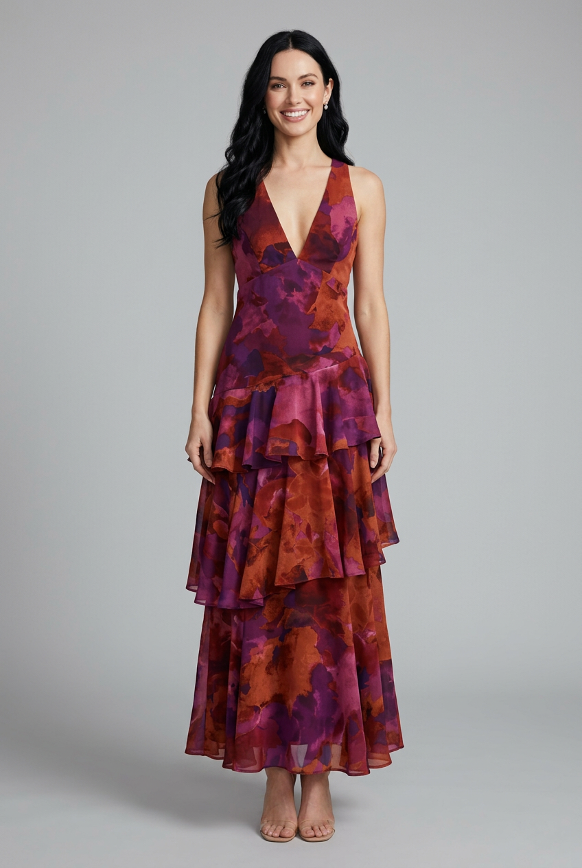 Women's elegant floral tiered maxi dress with V-neck, perfect for summer vacations & beach resort wear.