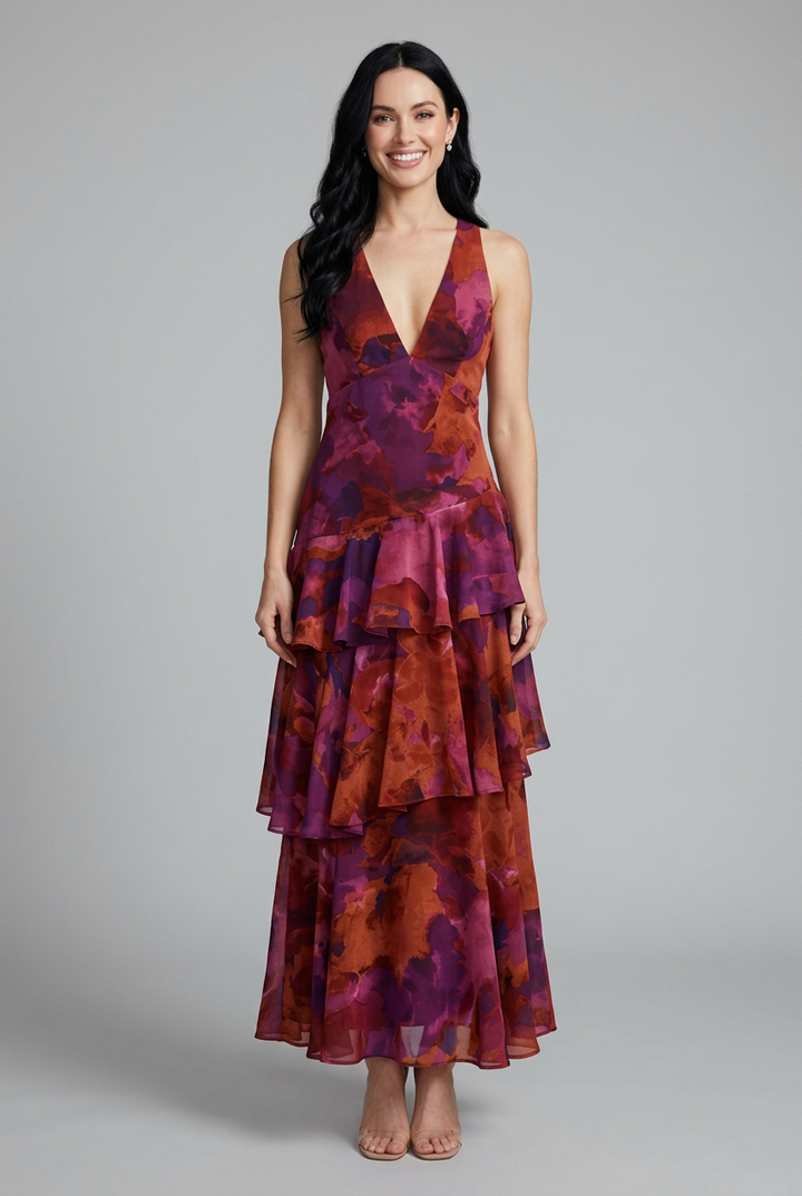 Women's elegant floral tiered maxi dress with V-neck, perfect for summer vacations & beach resort wear.