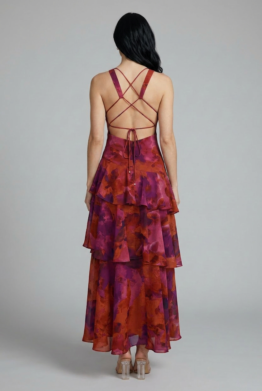 Chic women's floral tiered summer dress, sleeveless with a flattering V-neck, great for parties & resort wear.