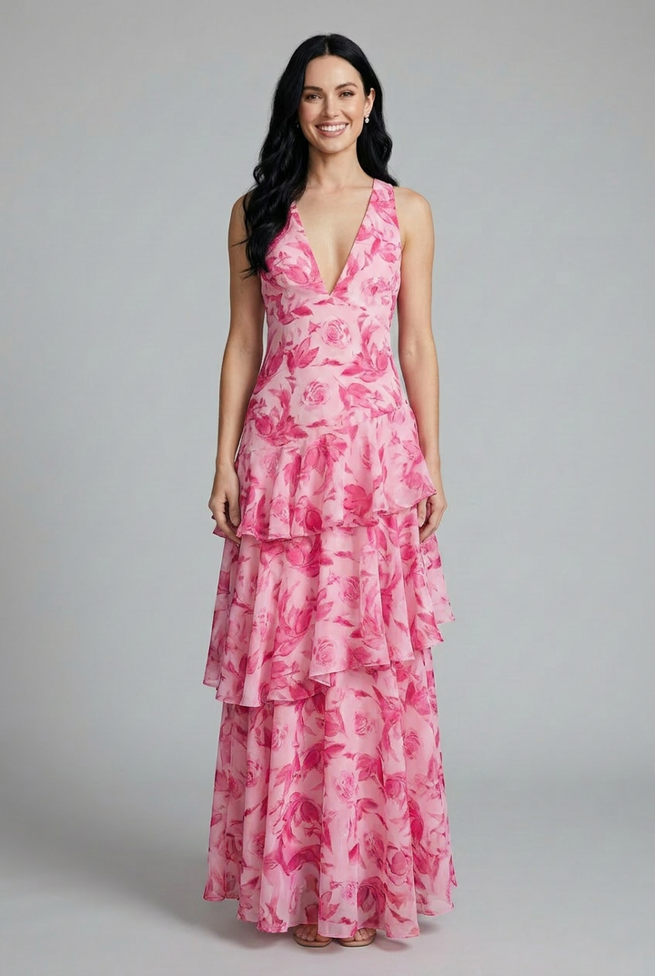 Vibrant floral print tiered maxi dress for women, sleeveless and V-neck, a comfortable summer vacation essential.