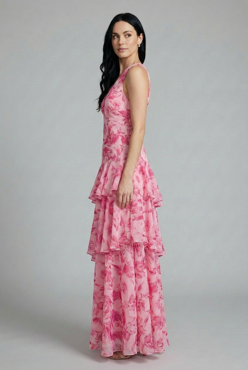 Women's sleeveless V-neck floral maxi dress featuring a stylish tiered skirt, perfect for elegant summer fashion.