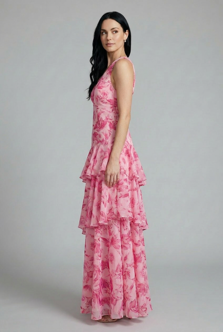 Women's sleeveless V-neck floral maxi dress featuring a stylish tiered skirt, perfect for elegant summer fashion.