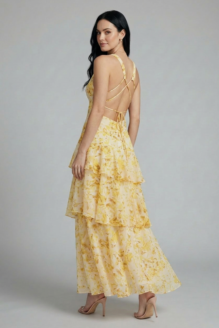 Long floral tiered V-neck summer dress for women, sleeveless and flowy, great for vacation or a party dress.