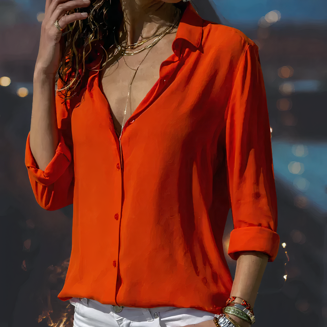 Close-up of a women's comfortable & stylish flowy chiffon blouse, highlighting the elegant fabric & drape.