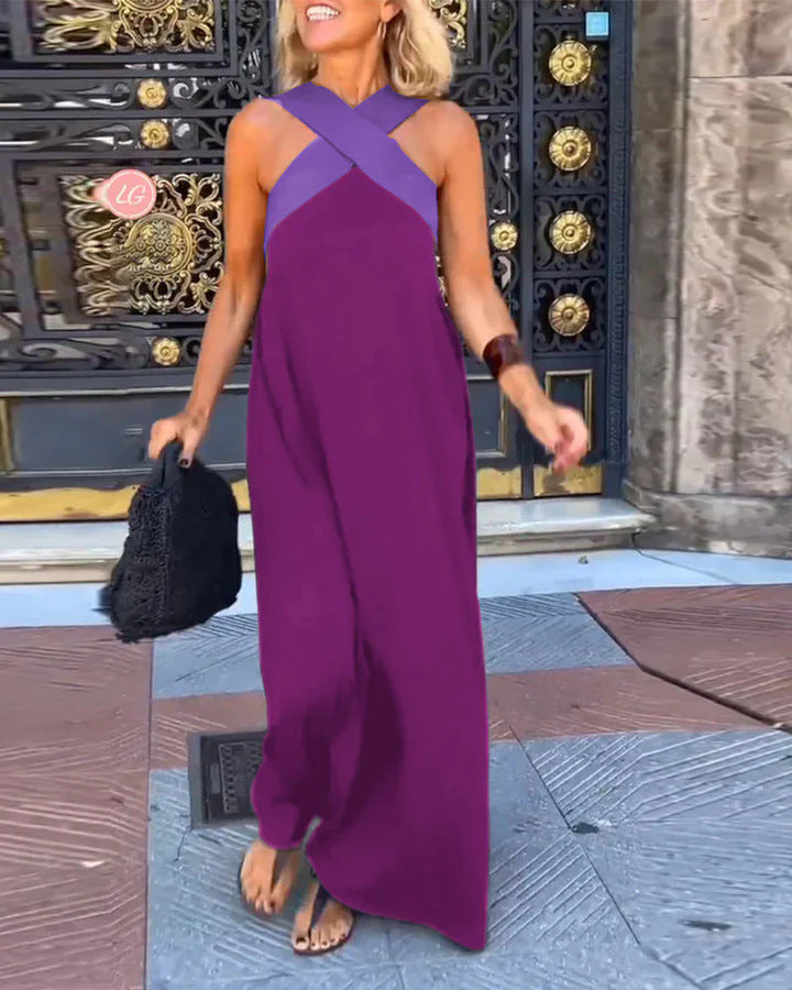 Elegant women's flowy cross neck maxi dress, comfortable and versatile for casual or evening.