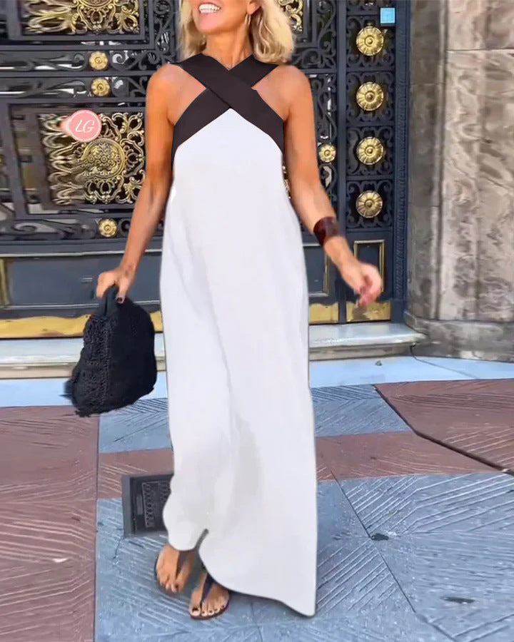 Versatile women's flowy cross neck maxi dress, elegant & comfortable for casual or evening events.