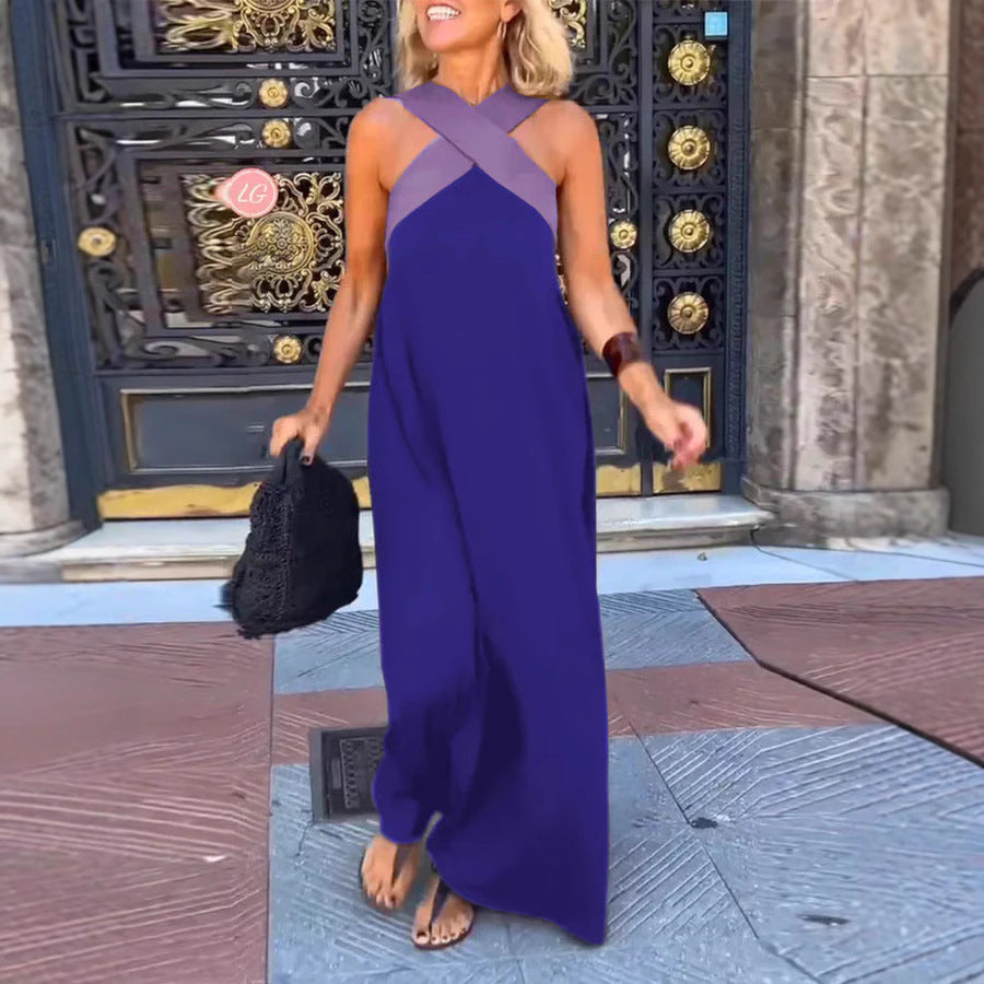 Detail of women's comfortable cross neck maxi dress, perfect for elegant casual & evening events.
