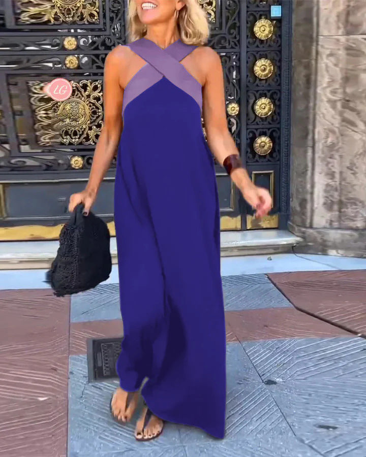 Women's versatile flowy maxi dress, a comfortable cross neck style for casual summer days.