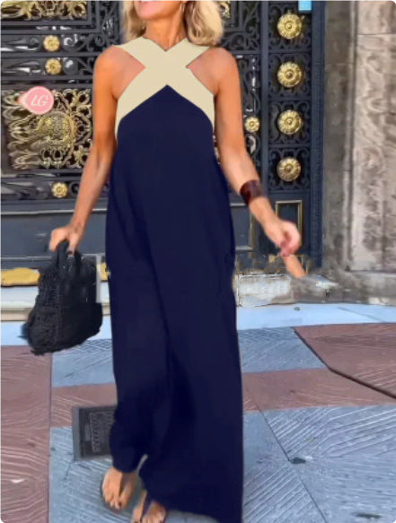 Soft fabric of women's flowy cross neck maxi dress, comfortable and elegant for any occasion.