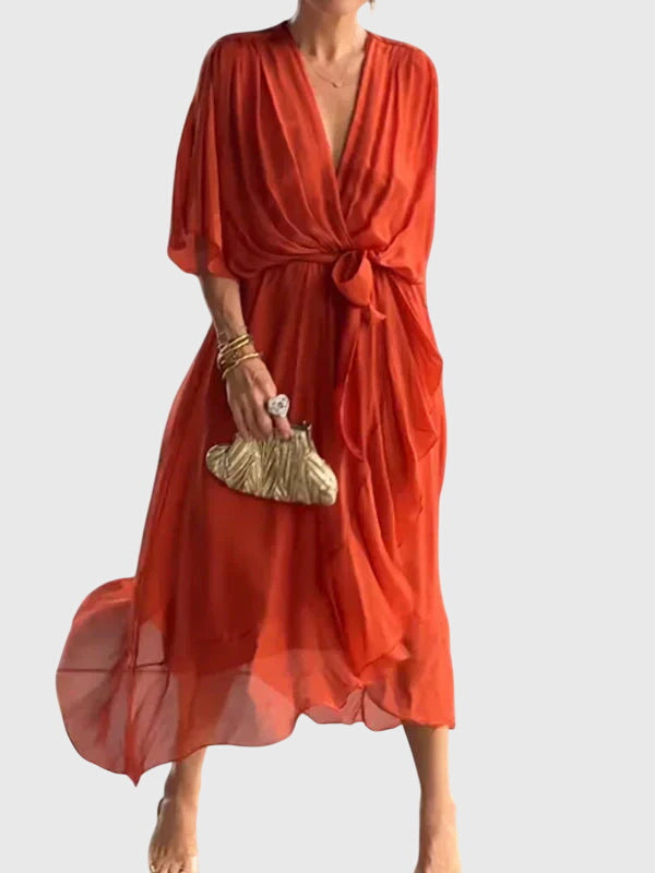 Comfortable women's elegant V-neck flowy maxi dress, ideal for summer parties & occasions.