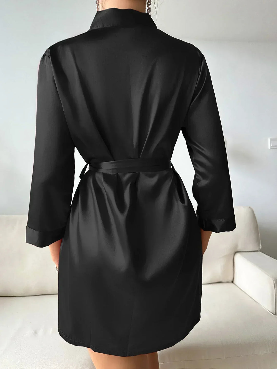 Elegant women's morning dress, Noémie style. Features luxurious Glacé Silk, lace-up detail & relaxed comfort for home.