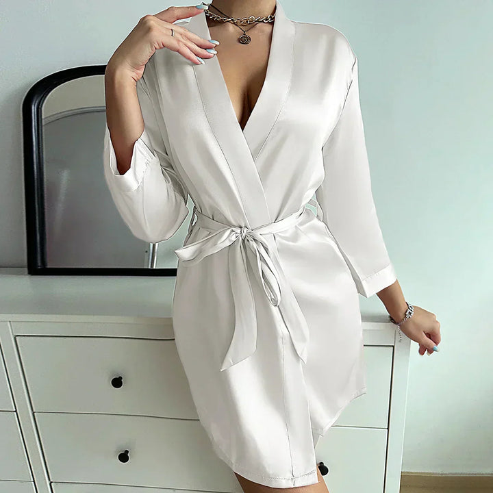 Luxurious Glacé Silk morning dress for women, Noémie. Elegant loungewear with lace-up detail & relaxed fit for comfort.