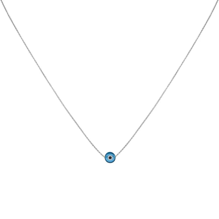 Women's elegant glossy Nazar protection necklace with a vibrant blue evil eye amulet. Spiritual jewelry & gift.