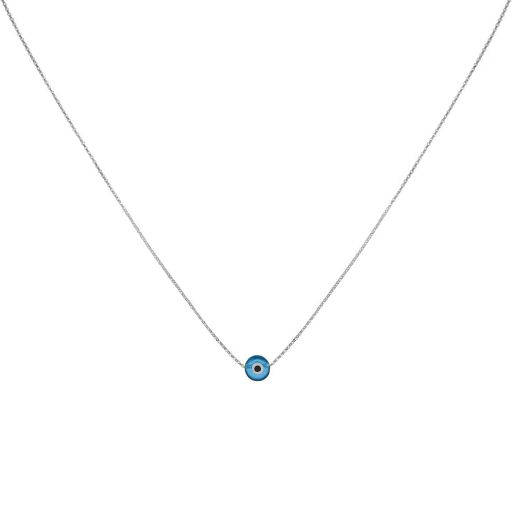 Women's elegant glossy Nazar protection necklace with a vibrant blue evil eye amulet. Spiritual jewelry & gift.