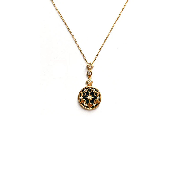 Spiritual women's gold plated totem pendant necklace, symbolizing divine celestial elegance.