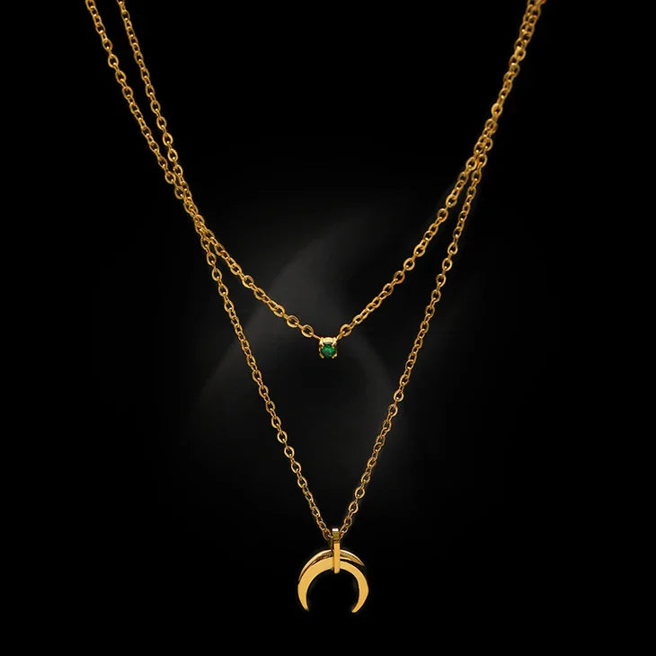 Women's elegant green diamond double crescent moon necklace. Vintage style layered jewelry accessory.