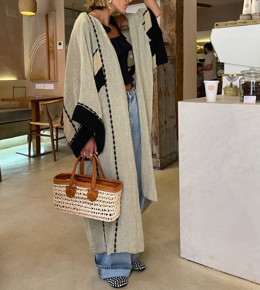 Women's elegant grey long kimono with versatile border print, perfect for loungewear or stylish layering.