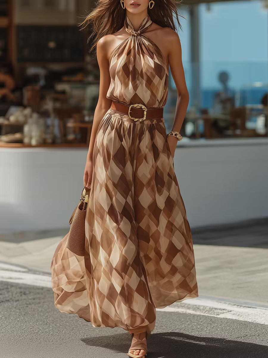 Women's elegant halter maxi dress with geometric print, flowy style, perfect for summer parties or vacation.