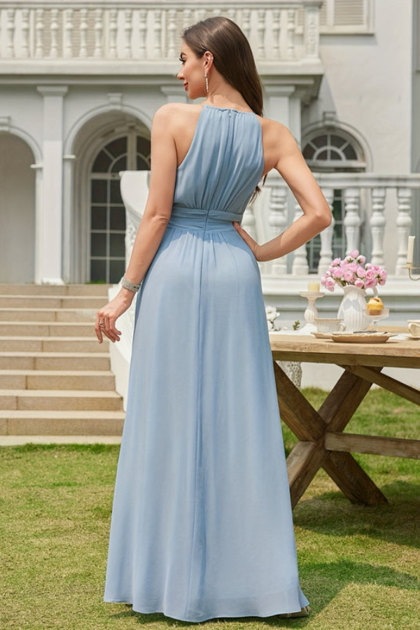 Sleeveless halter neck maxi dress with stylish keyhole detail. Sophisticated A-line evening gown for formal occasions.