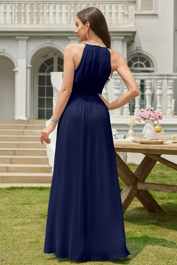Flowing A-line formal maxi dress for women. Features an elegant halter neck and chic keyhole design for evening wear.