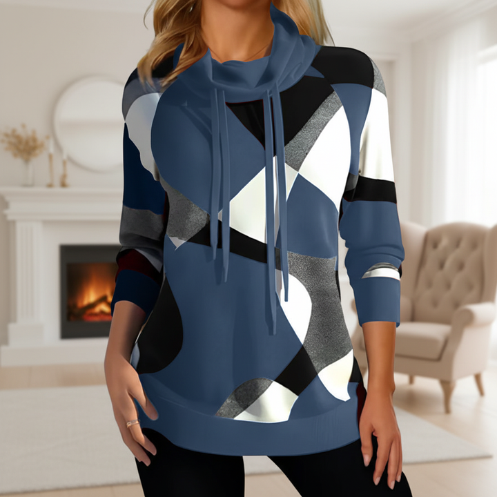 Women's elegant high-neck grey knit sweater, perfect for winter comfort and fashion.