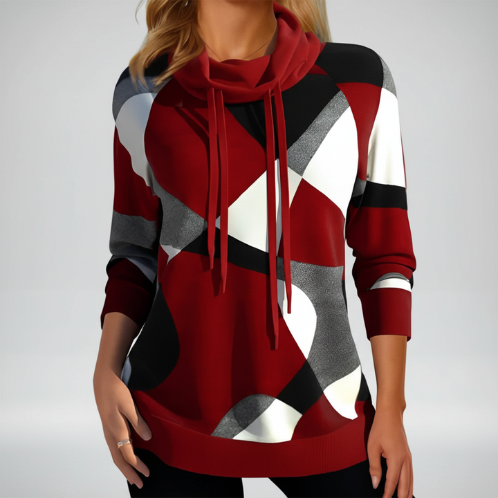 Close-up of women's high-neck sweater texture, highlighting quality knit for winter comfort.