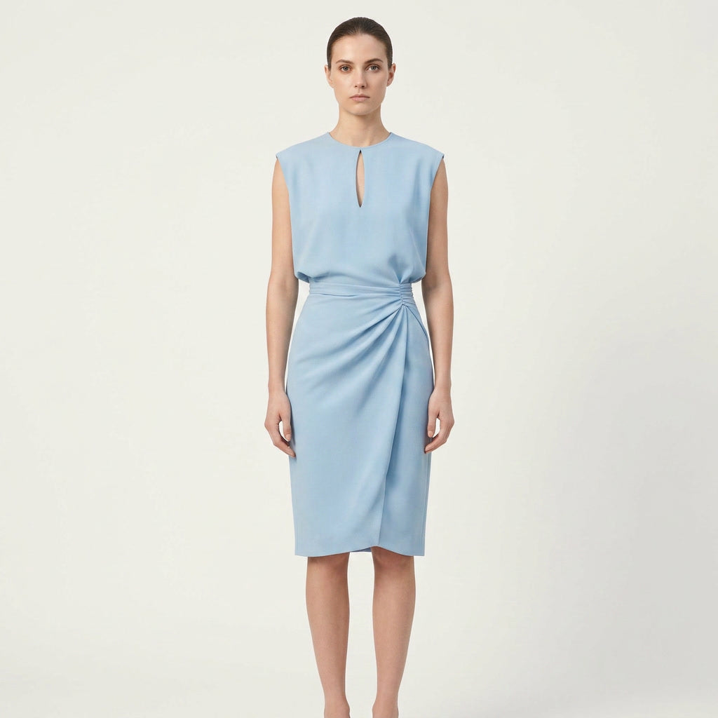 Women's elegant keyhole neck ruched waist midi cocktail dress. Perfect for parties, special occasions & evening wear.