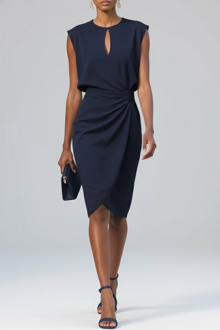 Chic women's midi cocktail dress featuring a stylish keyhole neck and elegant ruched waist. Perfect for parties.