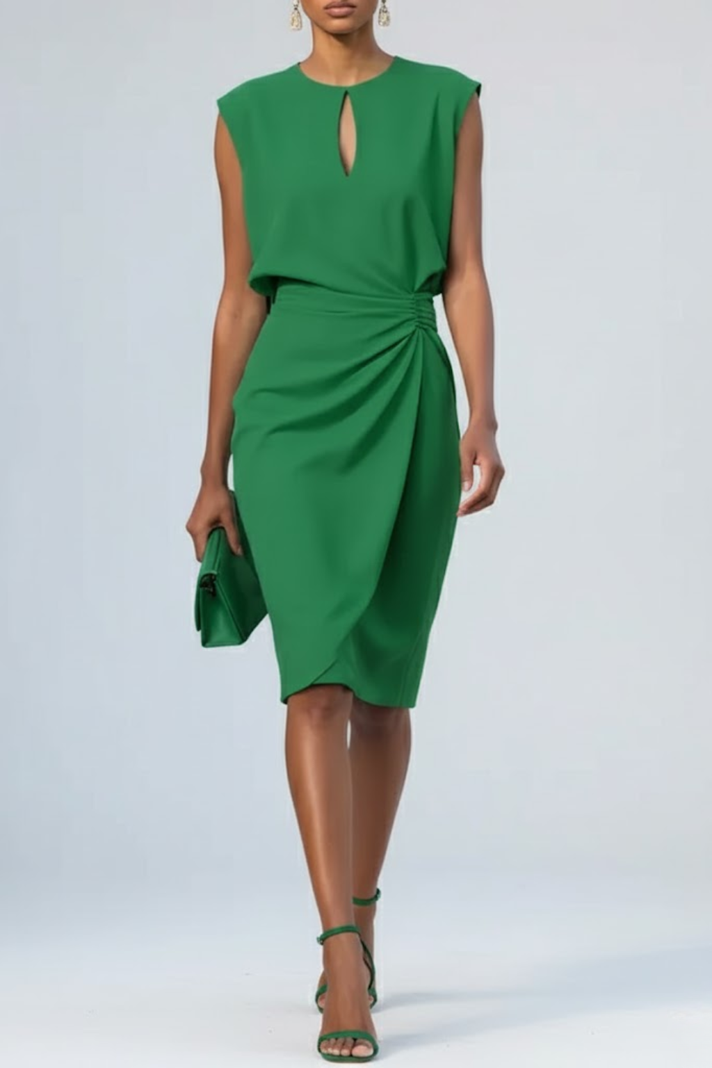 Stylish women's cocktail midi dress. Features a keyhole neck and flattering ruched waist for a sophisticated look.