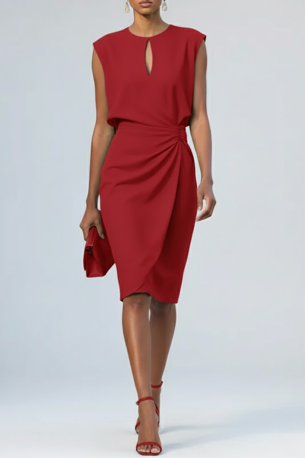 Elegant women's midi dress for formal occasions, with a keyhole neck and flattering ruched waist. Evening wear.