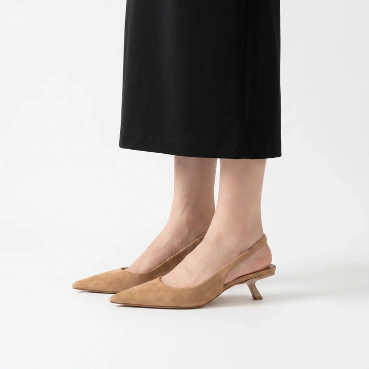 Comfortable women's kitten heel slingback sandals, ideal for dressy occasions and evening wear.